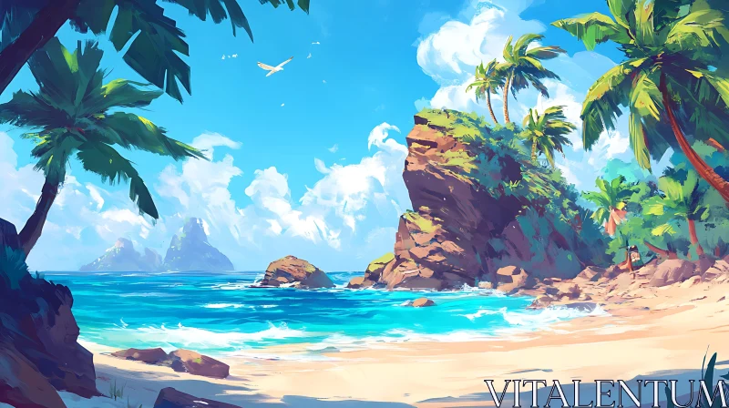 Serene Tropical Beach with Cliffs and Palm Trees AI Image