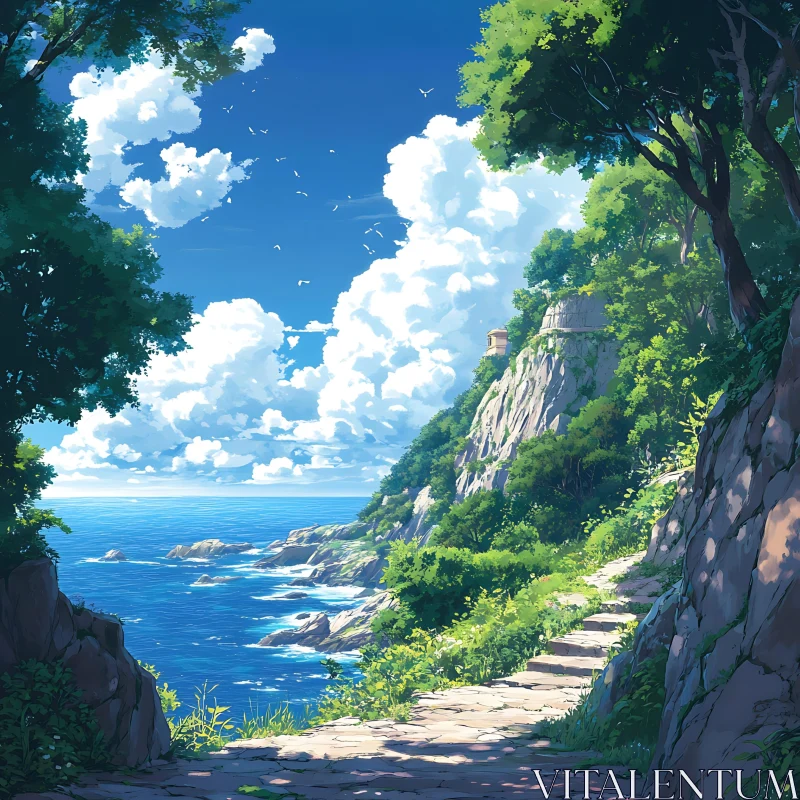 Tranquil Path Amid Lush Coastal Scenery AI Image