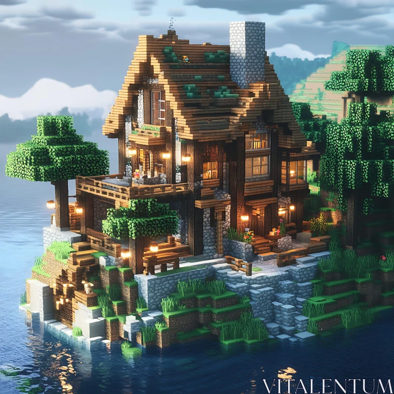 Rustic Wooden Lake Cottage in Digital Render AI Image