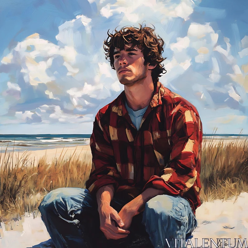 Contemplative Beachside Portrait of a Young Man AI Image