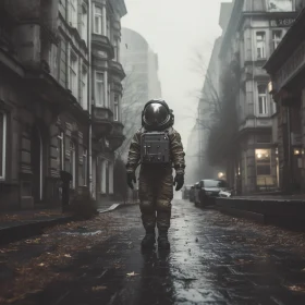 Solitary Astronaut Amidst Urban Mist