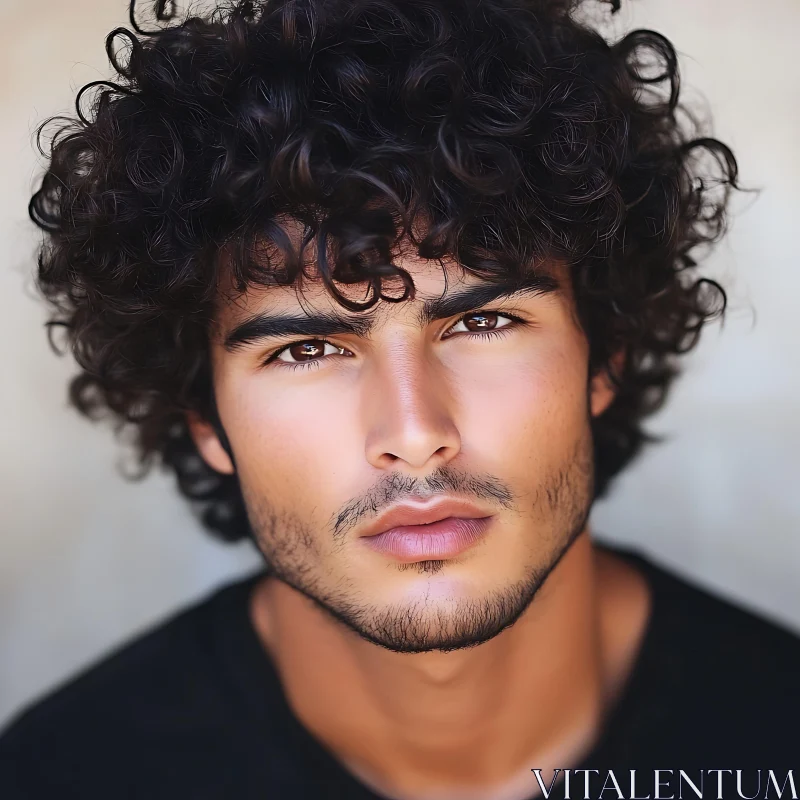 Man with Intense Gaze and Curly Hair AI Image