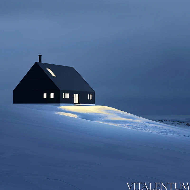 AI ART Snowy Night with Illuminated Cabin