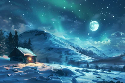 Moonlit Snowy Cabin Scene