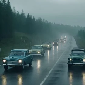 Retro Cars on a Rainy Highway Amidst Forest