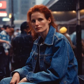 Red-Haired Woman in City Rain