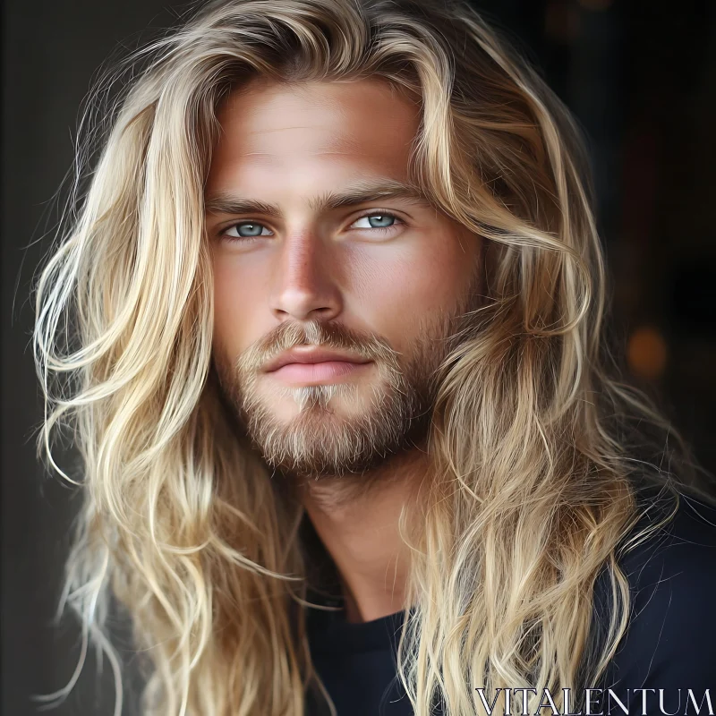 Blonde Man with Long Hair and Blue Eyes Portrait AI Image