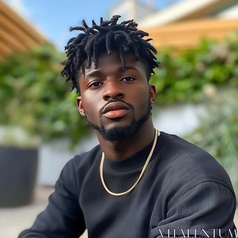 Young Man in Black Shirt with Gold Chain Necklace AI Image