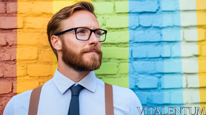 Man in Glasses Posing by Colorful Wall AI Image