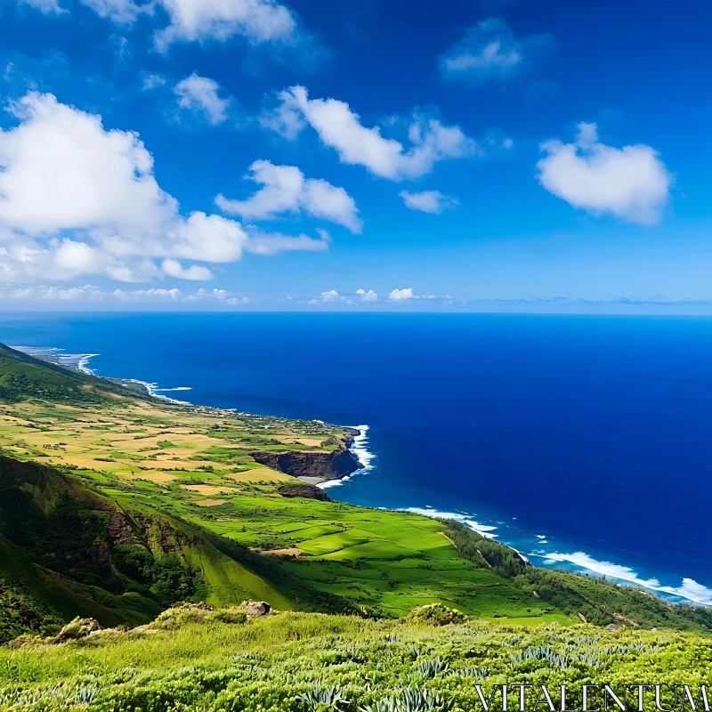 Picturesque Coastline with Lush Greenery and Azure Waters AI Image