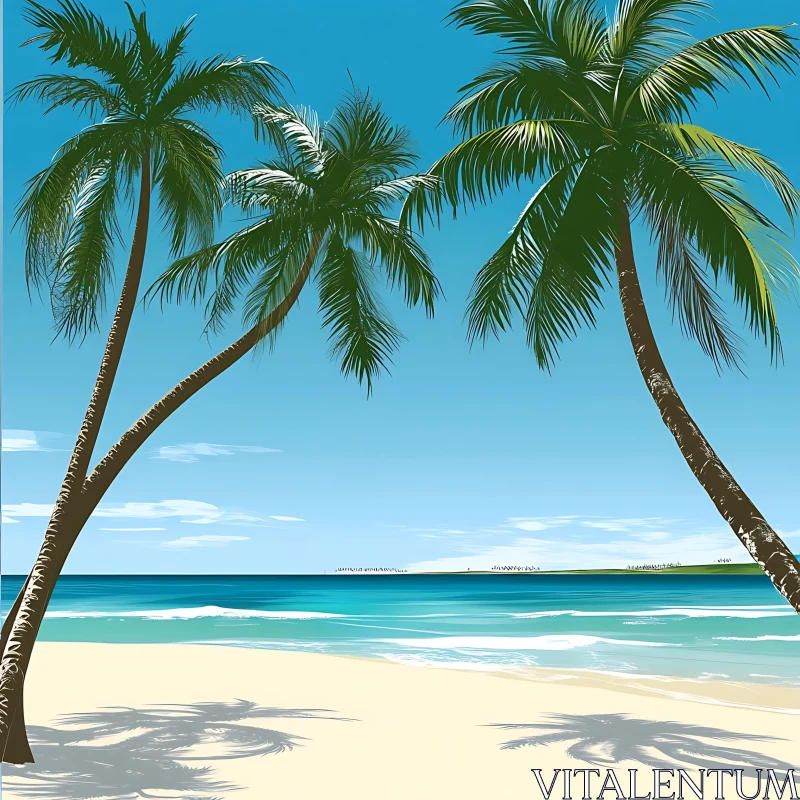 Peaceful Beach Landscape with Swaying Palm Trees AI Image