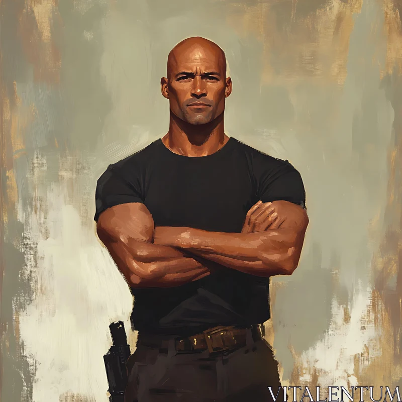 Powerful Man in Black Shirt Standing with Arms Crossed AI Image