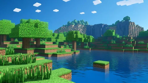 Blocky Trees and Serene Water in a Video Game World