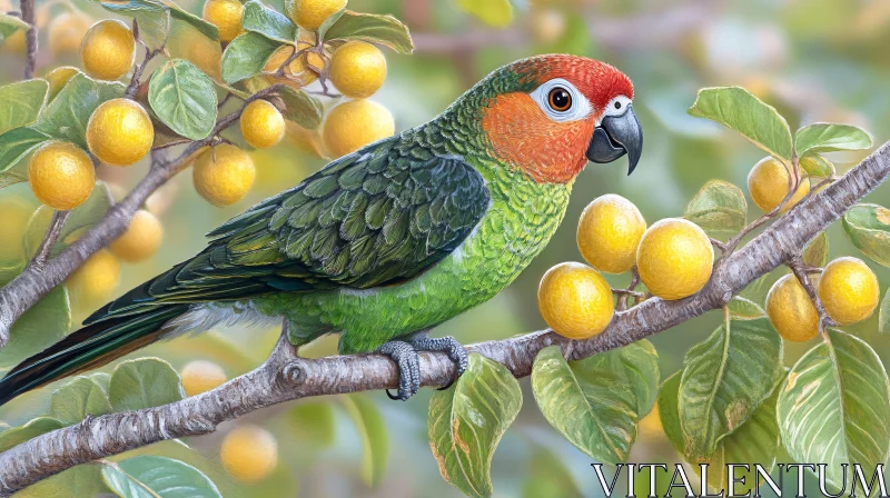 AI ART Parrot Perched on Fruited Branch