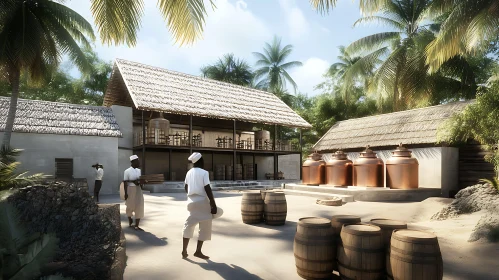 Rustic Sunlit Building with Palm Trees and Barrels