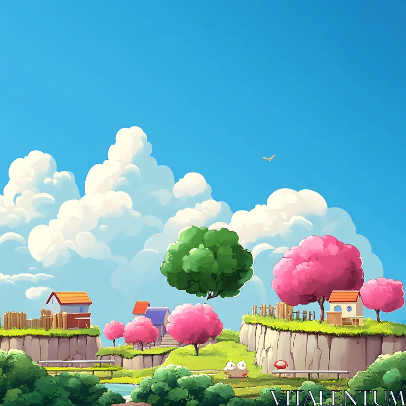 Dreamy Cartoon World with Floating Islands and Vibrant Houses AI Image