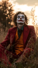 Clown in Vibrant Costume Amidst Nature at Dusk