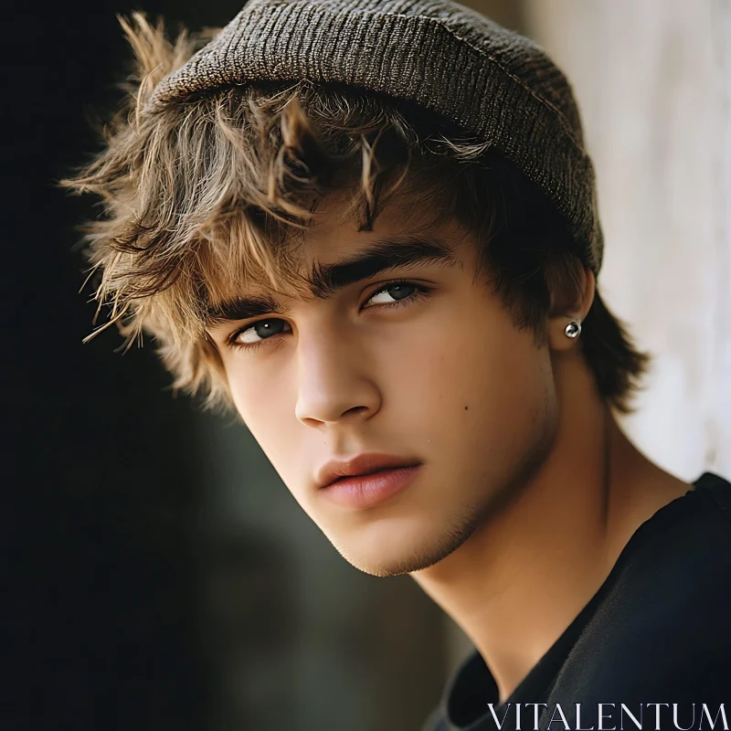 Young Man Wearing Beanie and Earring Portrait AI Image