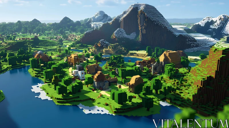 Digital Village with Greenery and Snowy Mountains AI Image