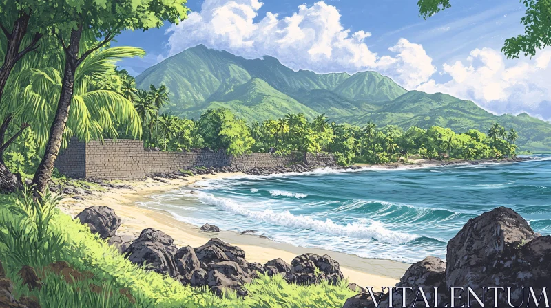 Tropical Beach and Mountains Landscape AI Image