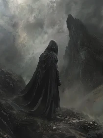 Mystical Cloaked Figure on Rugged Peak