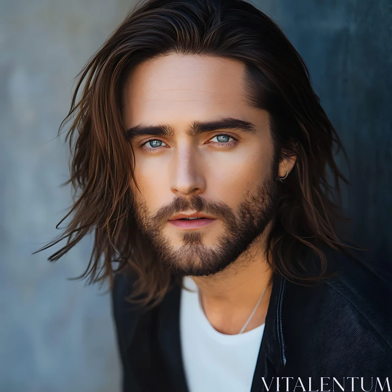 Man with Long Hair, Beard, and Blue Eyes Portrait AI Image