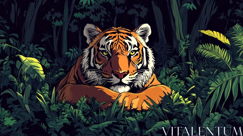 Tiger Resting in Jungle Foliage AI Image