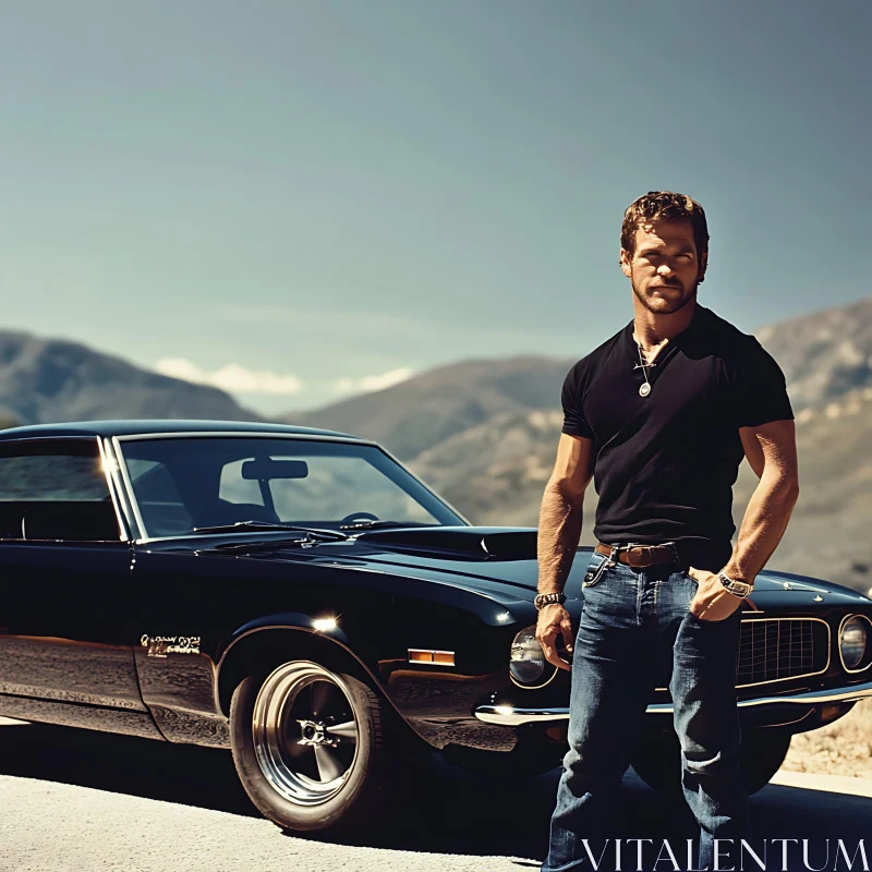 Stylish Man and Vintage Car in Mountain Vista AI Image