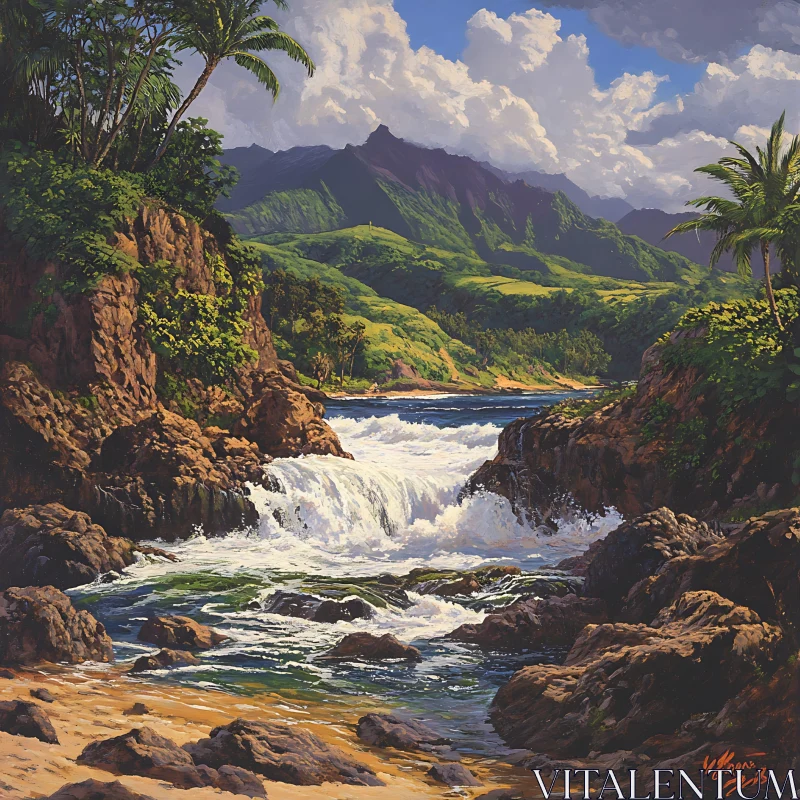 Majestic Tropical Waterfall and Mountains AI Image