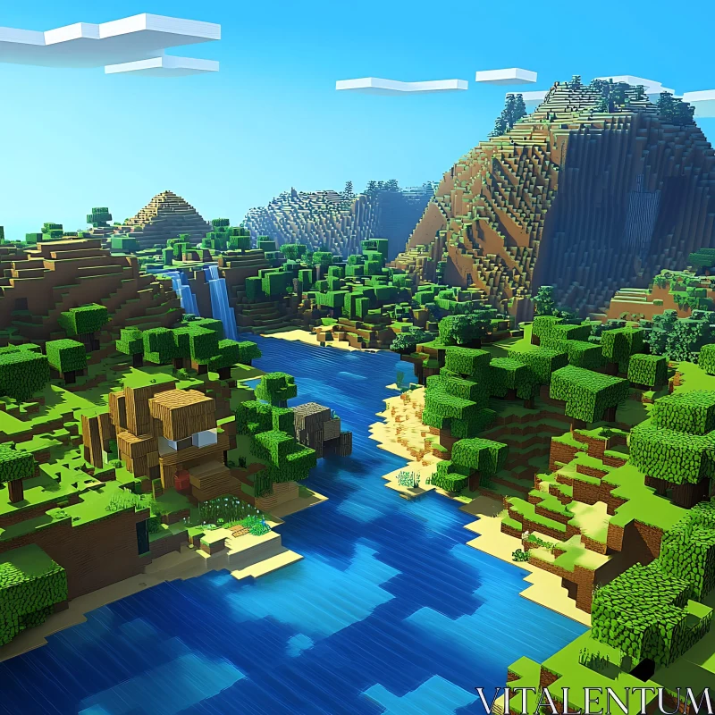 Blocky River Scene with Voxel Terrain AI Image