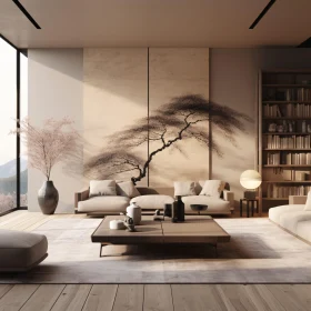 Modern Living Room Interior with Tree Mural