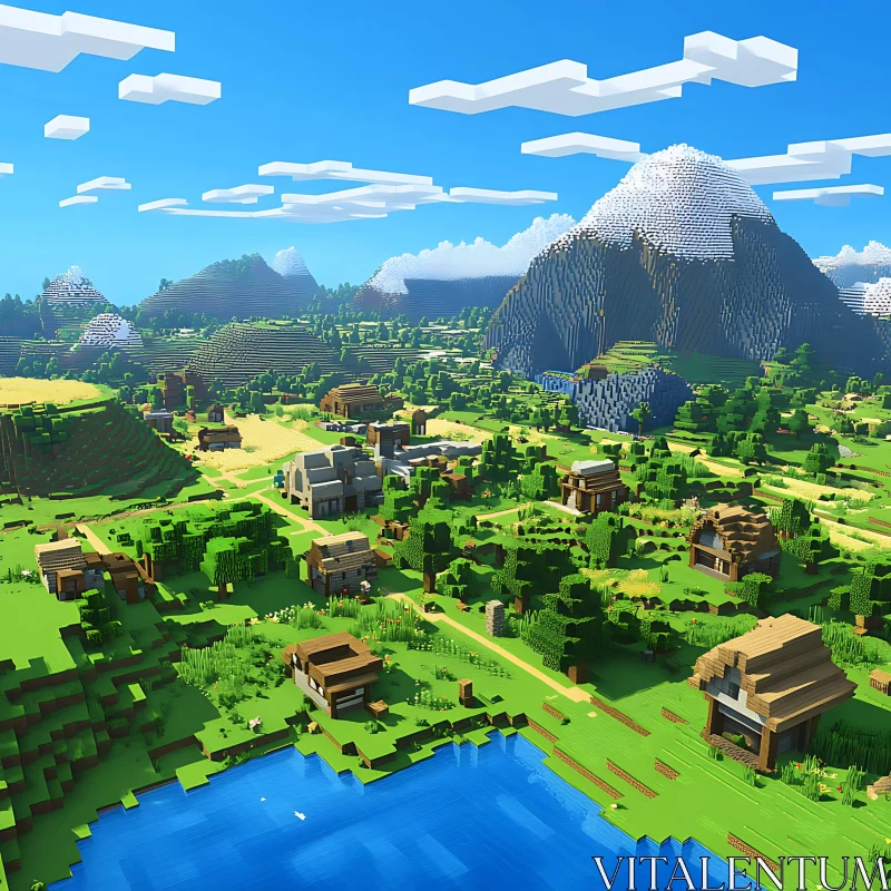 Blocky Village Landscape with Mountains AI Image