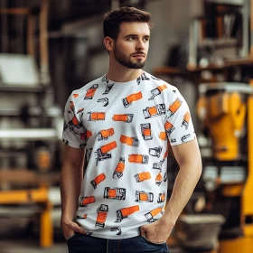 Industrial-Themed T-Shirt in Warehouse