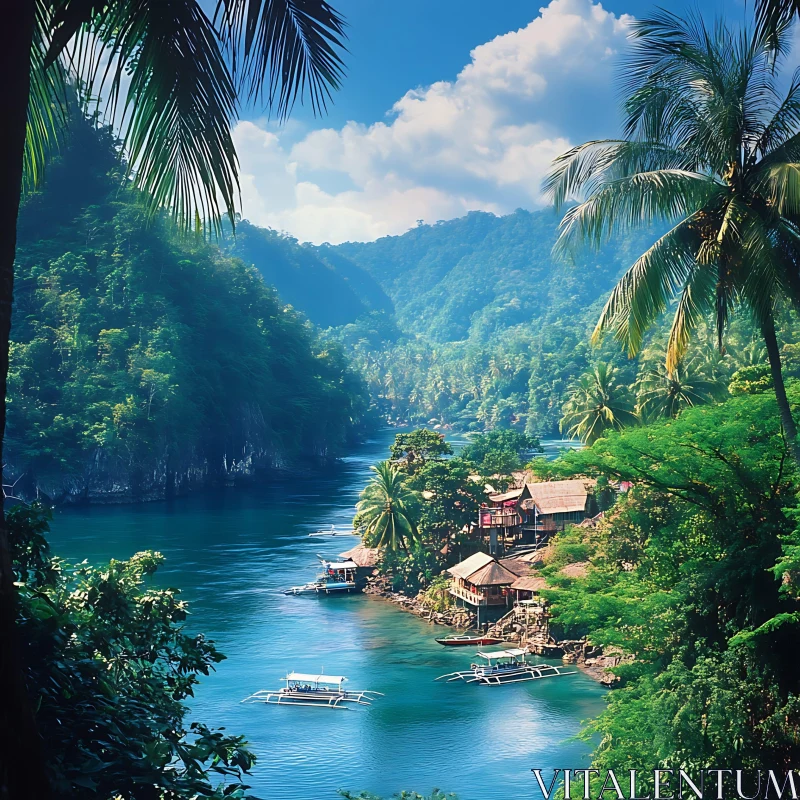 Peaceful Village by a Tropical River in a Mountainous Region AI Image