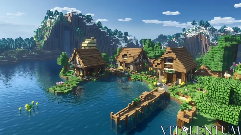 Pixel Art Landscape with Minecraft Village and Lake AI Image