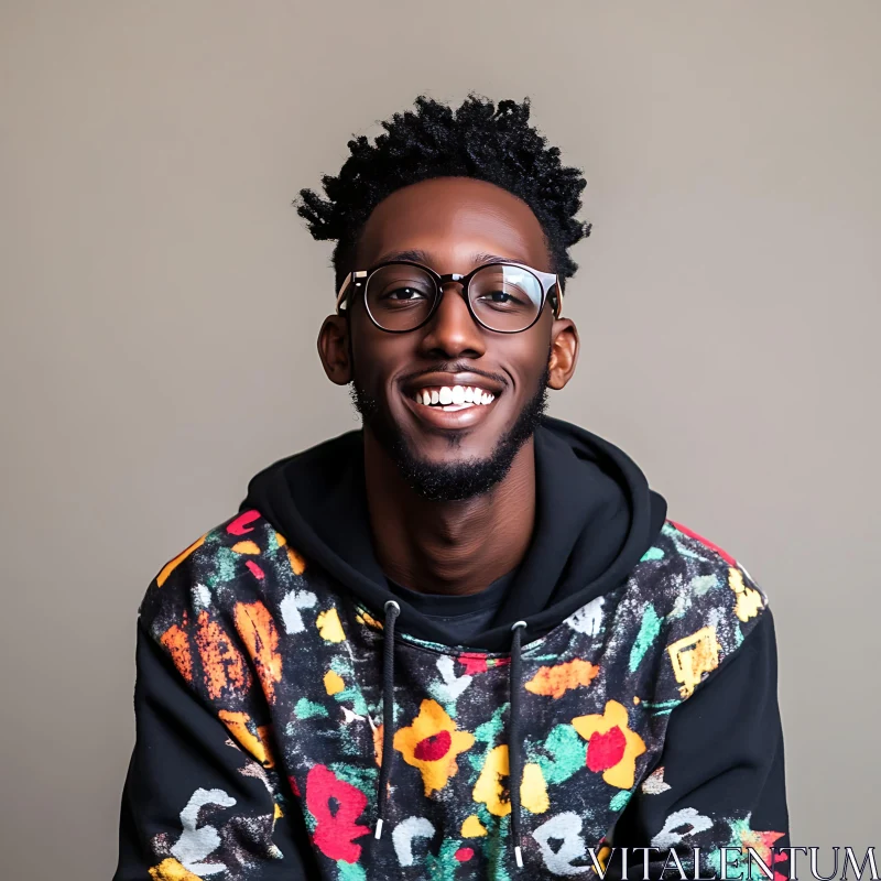 Trendy Young Man Smiling in Floral Hoodie AI Image