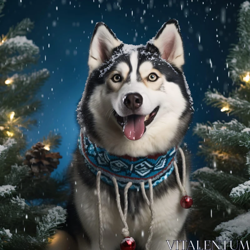 Joyful Husky in Snowy Festive Scene AI Image