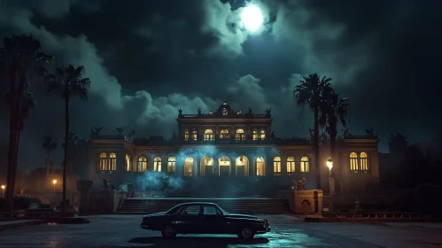 Eerie Night with Moonlit Mansion and Car