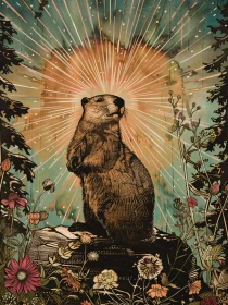 Radiant Groundhog with Wildflowers and Sunrays