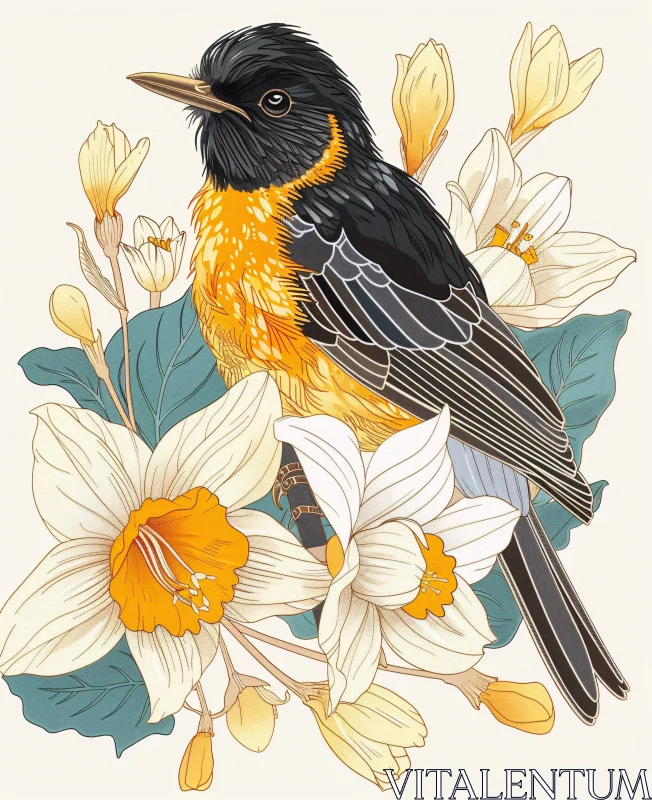 AI ART Bird Illustration with Floral Accents