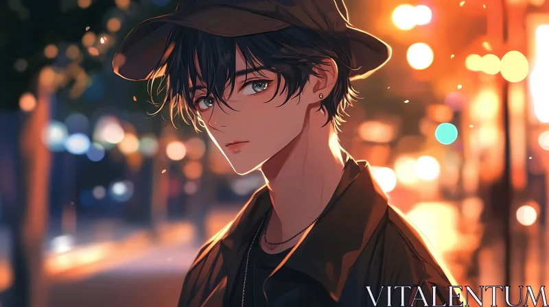 Somber Anime Portrait with City Lights AI Image