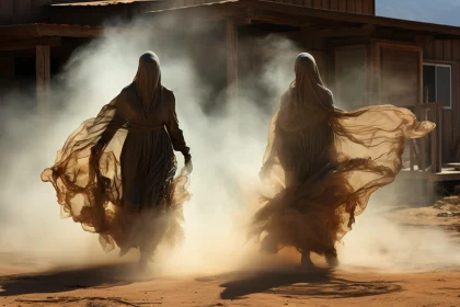 Veiled Wanderers Amidst the Dust