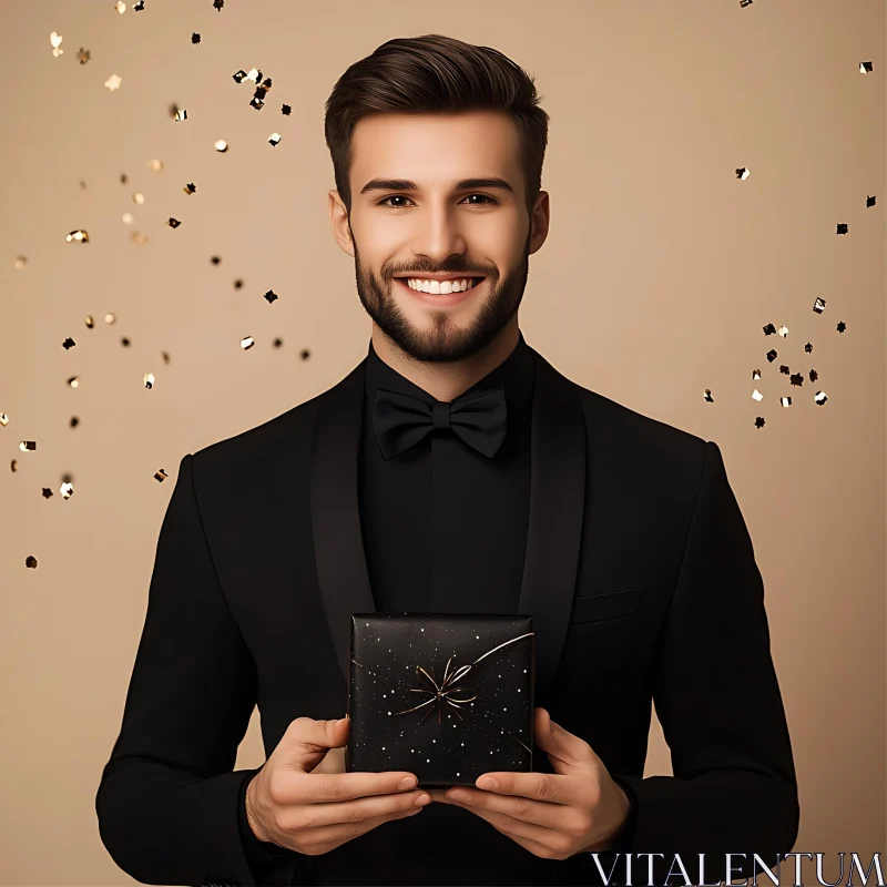 AI ART Elegant Man with Gift and Confetti