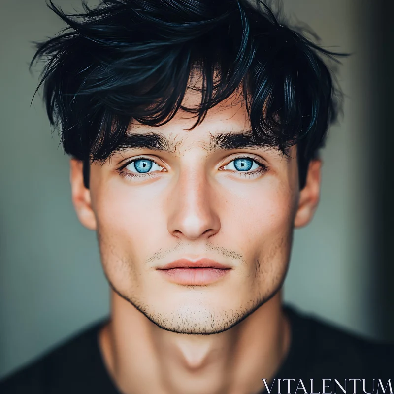 Intense Gaze of a Young Man with Striking Blue Eyes AI Image