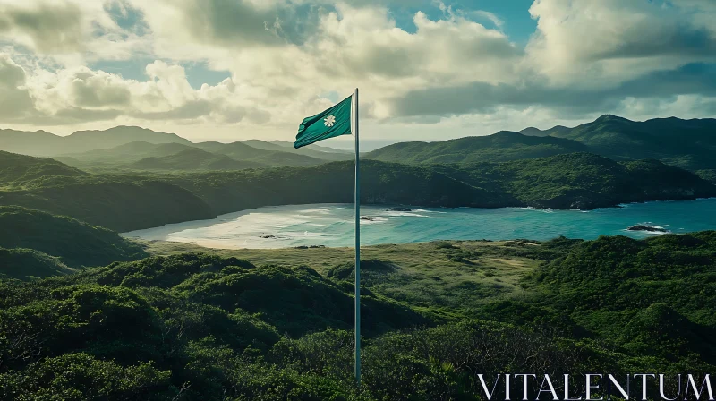 Peaceful Island Bay with Greenery and Flag AI Image