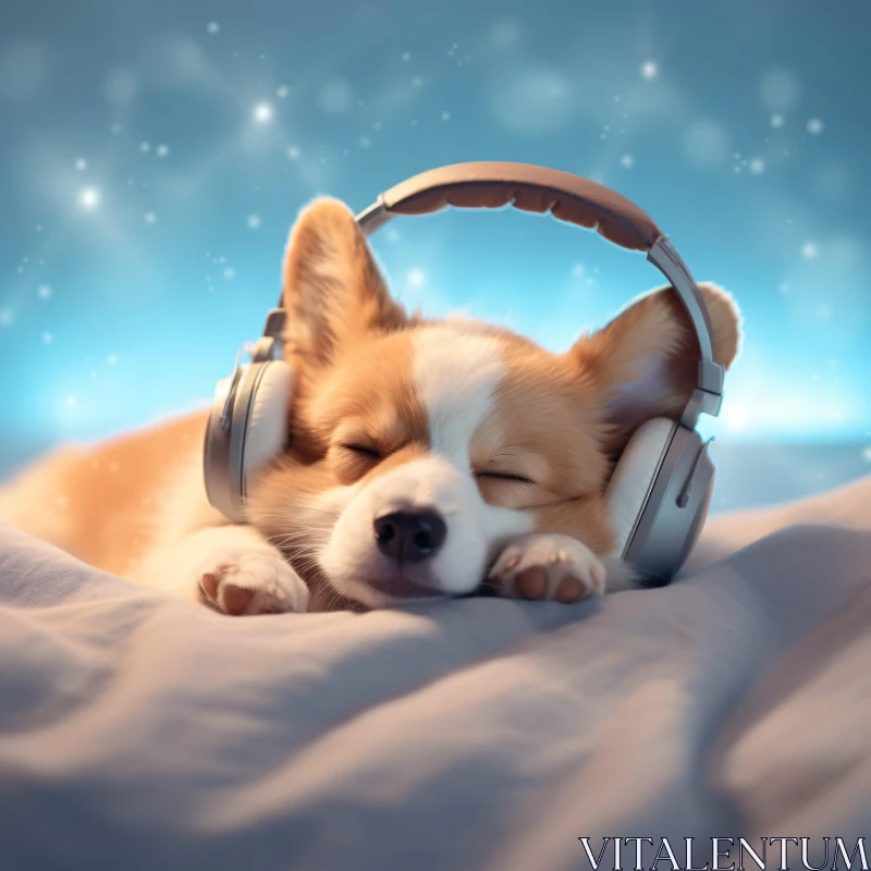 AI ART Adorable Puppy with Headphones Sleeping Peacefully