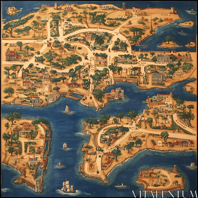 Historic Coastal Town Map Illustration AI Image