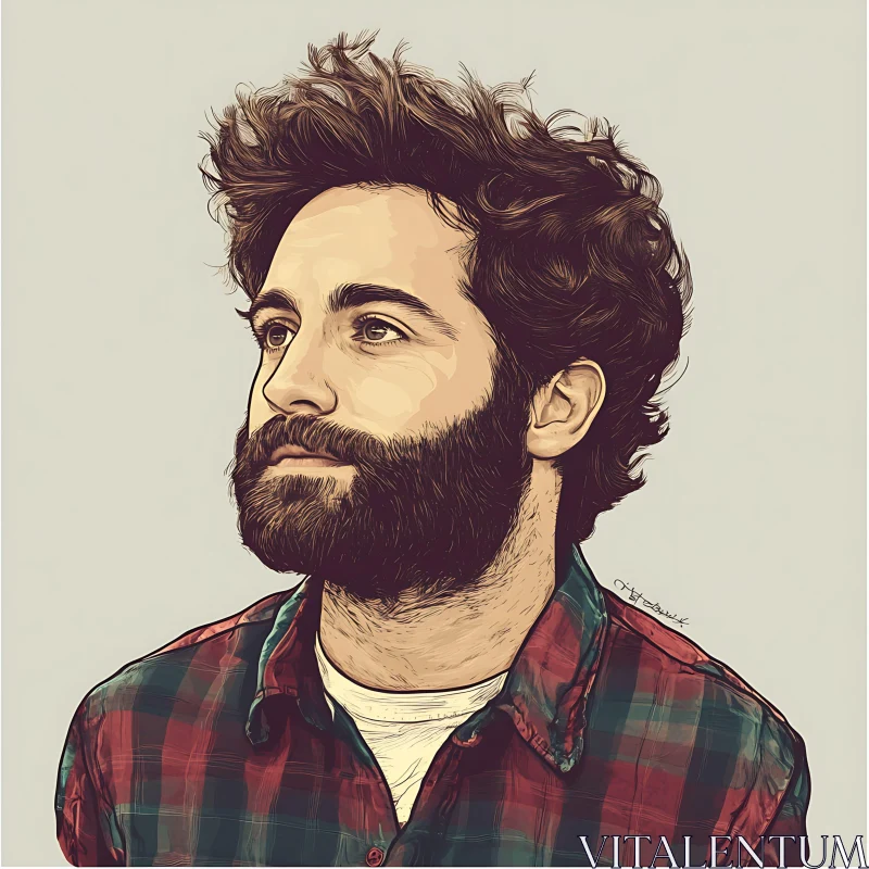 Bearded Man Digital Portrait with Plaid Shirt AI Image