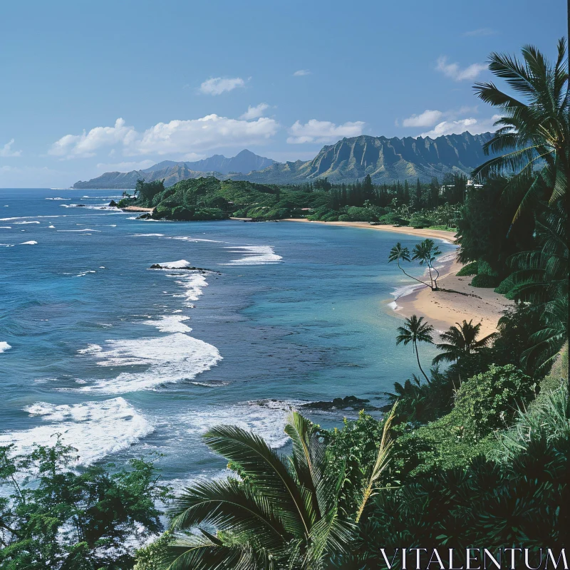 AI ART Scenic Beach with Mountains and Palm Trees