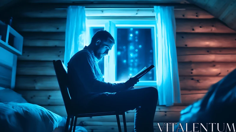 AI ART Reading at Night in Wooden Cabin